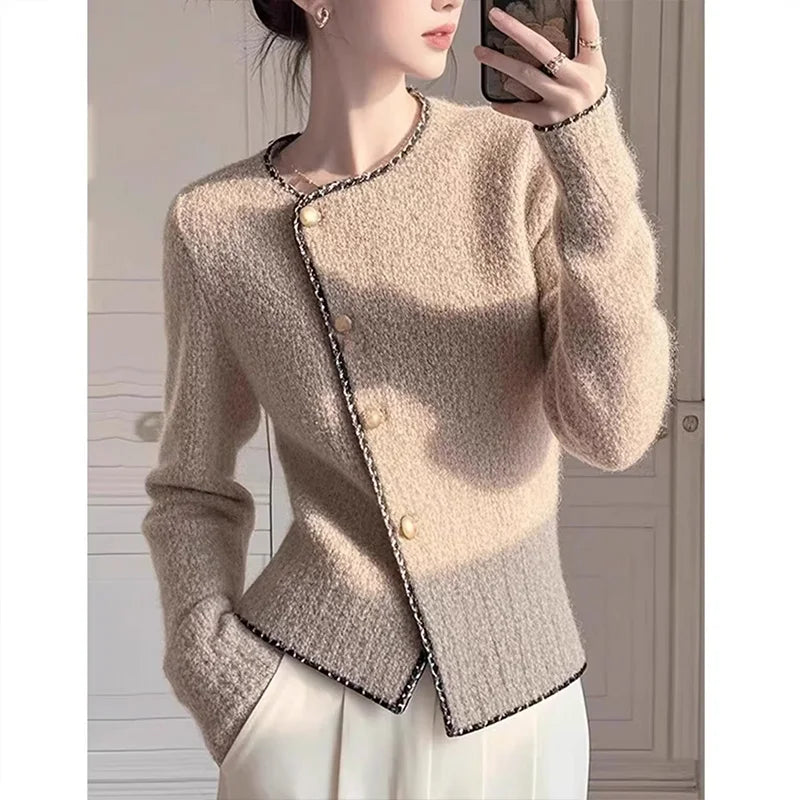 Autumn Winter Vintage Fashion Thick Warm Solid Knitted Cardigan Women's Clothing Elegant Slim Wool O-neck Soft Sweaters