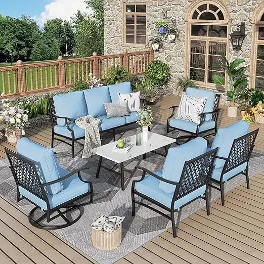 7 Pcs Patio Furniture Set , 2 X Swivel Chairs, 1 X Coffee Table and 5.75" Extra Thick Cushion, Outdoor Patio Furniture