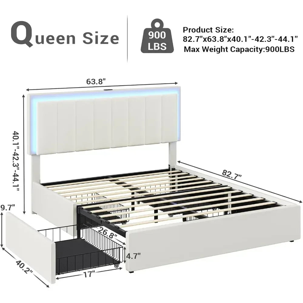 Queen Bed Frame with 4 Storage Drawers, LED Light with Charging Station, Artificial Leather Upholstered Bed, Bed Frame