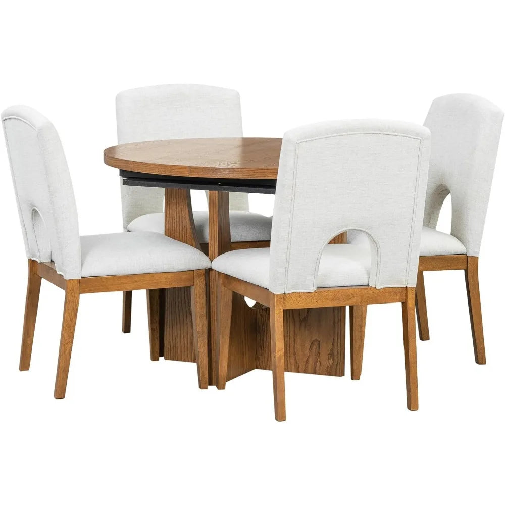 5-Piece Functional Dining Sets, with 16.2inch Removable Leaf 4 Upholstered Chairs,Wood Extendable Round Dining Table Set