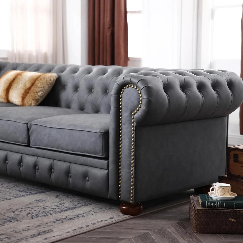 89"Faux Leather Couch Upholstered Sofa with Low Back,Roll Arm Nailhead Trim Classic 3 Seater Sofa for Living Room,Home