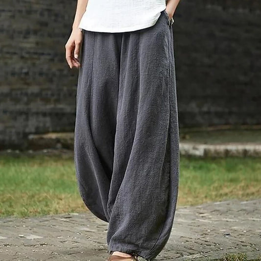 Spring Summer 2023 Cotton Linen Style Bloomers Wide Leg Pants Women Vintage Full Length Elegent Pants Solid Elasitic Waist S-5XL