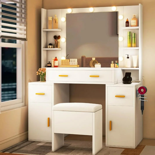 Vanity Desk with Mirror and Lights, Makeup Vanity Shelf and Drawers and 3 Lighting Adjustable, Bedroom Dressing Table, White