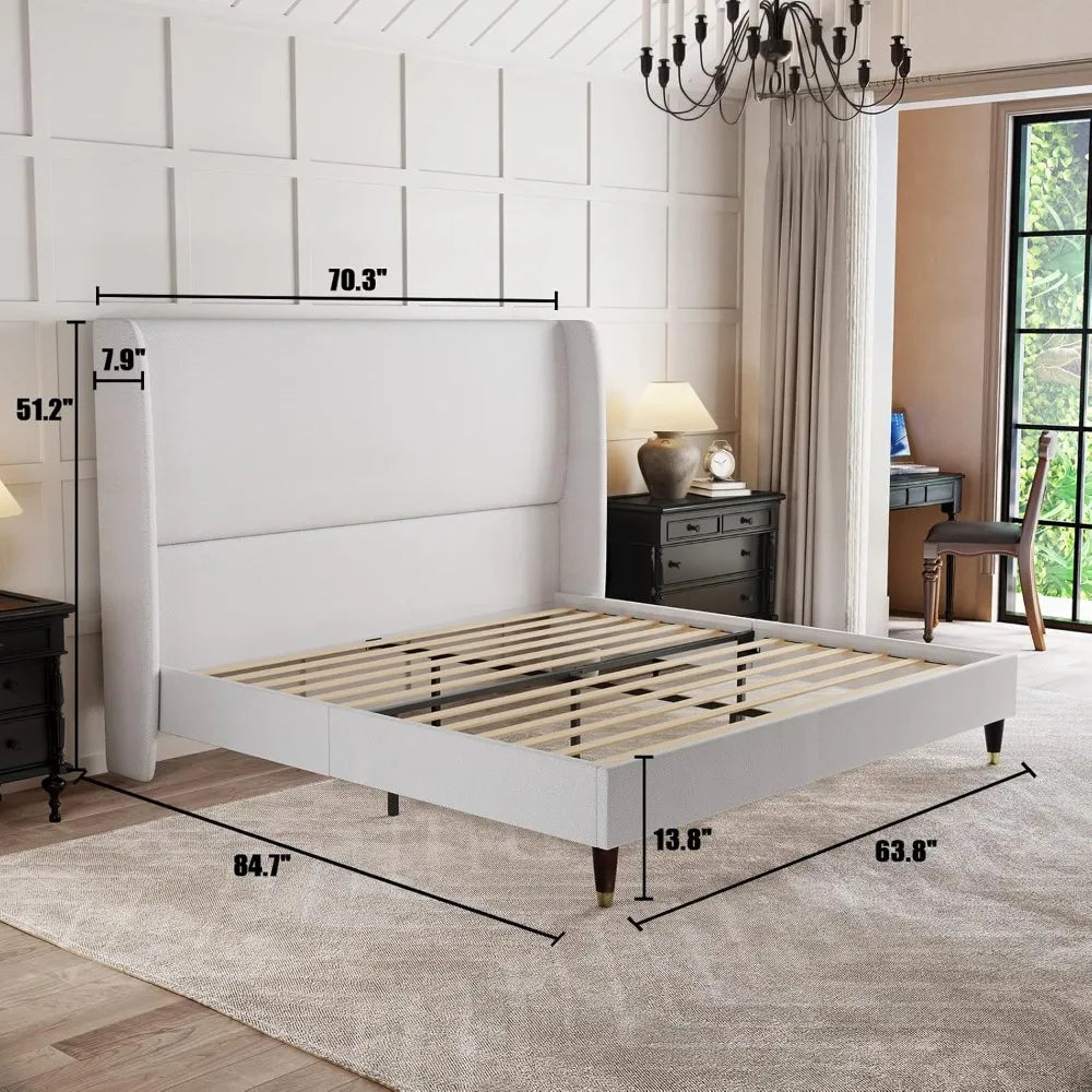 Queen Platform Bed Frame 51.2" High Headboard Tall Upholstered Bed/No Box Spring Required/Wood Slat Support/Easy Assembly White