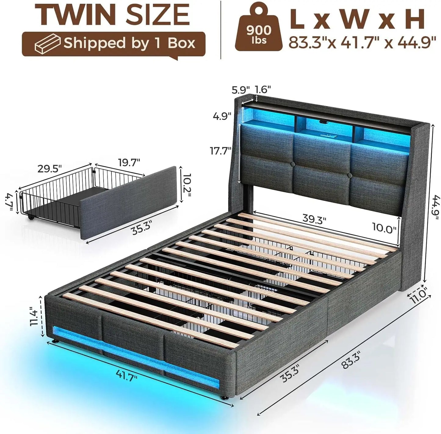 Twin Size Bed Frame with LED Lights and Charging Station, Upholstered Bed Storage Headboard & Drawers, Heavy Duty Wood