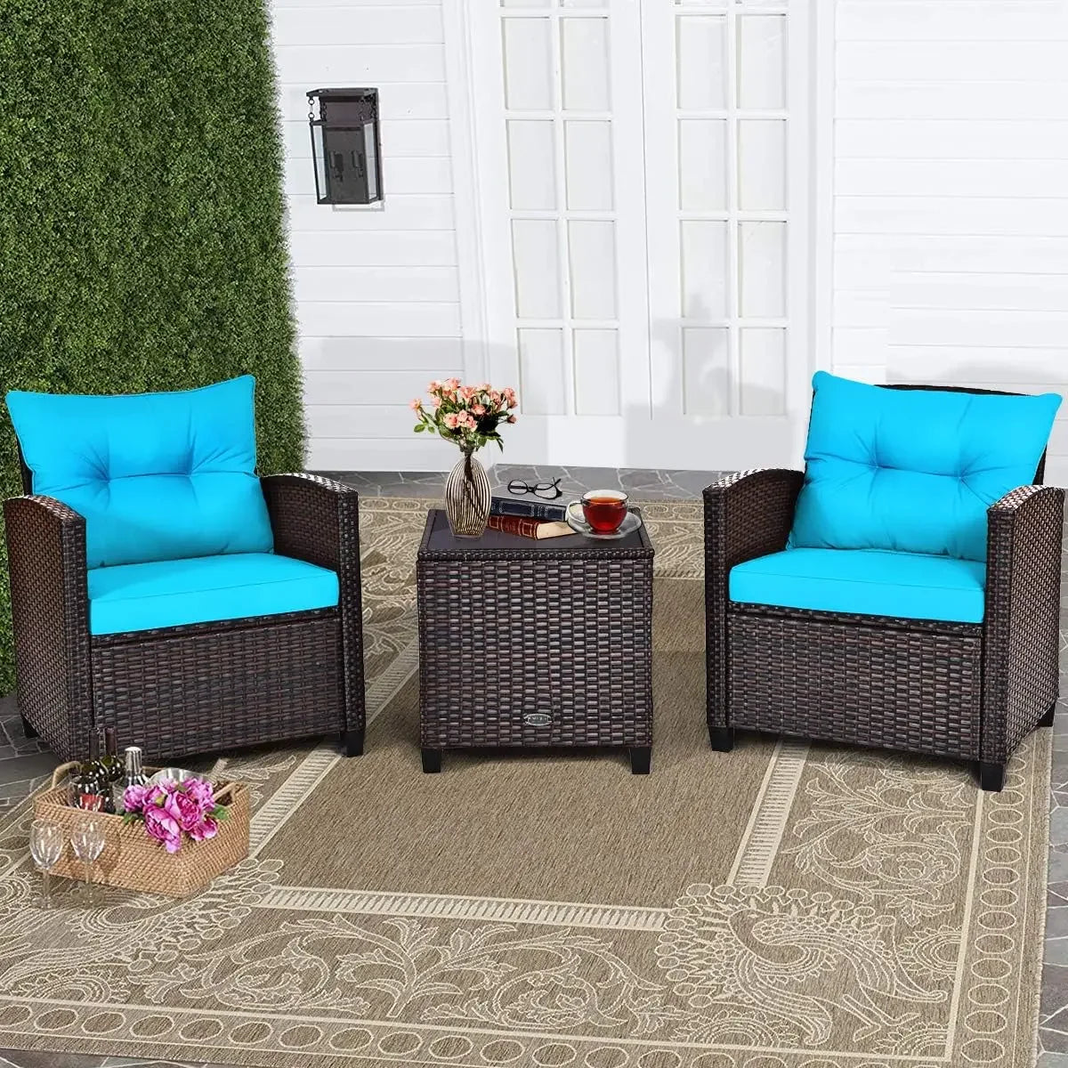 Patio Furniture Sets - 3 Pieces Rattan Sofa Set, Outdoor Conversation Set with Tempered Glass Tabletop, Outdoor Furniture Sets