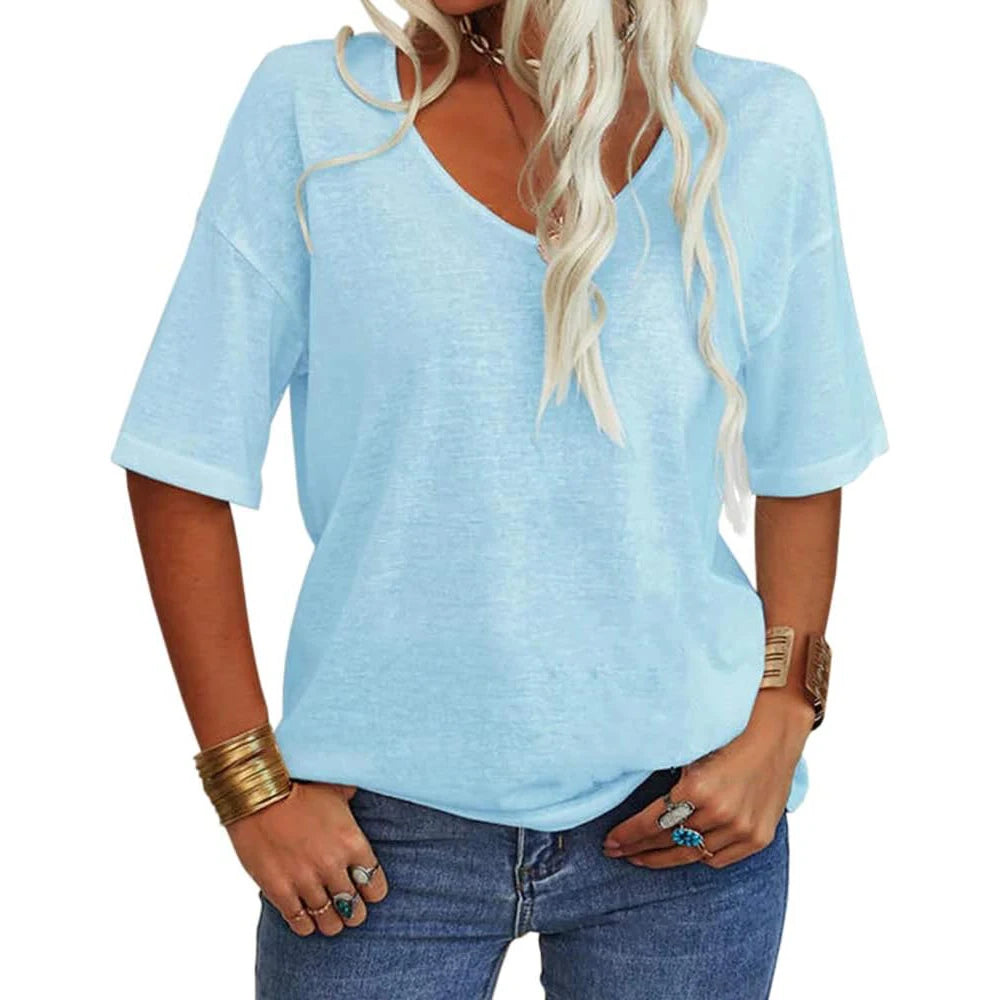 Women Fashion V-neck Half Sleeves Oversized T Shirt Solid Casual Loose Basic Tops