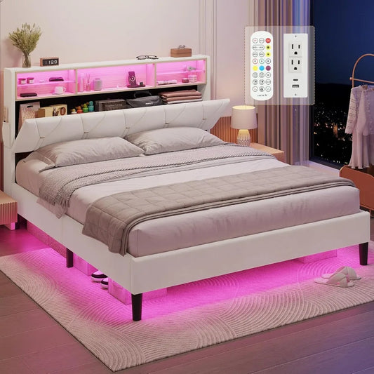 Bed Frame with Storage Headboard and RGB LED Lights with Type-C & USB Charging Station, Upholstered Platform Bed Frame