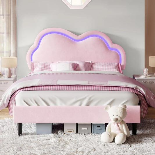 LED Bed Frame Full Size Velvet Upholstered Platform Bed with Adjustable Cloud Headboard, No Box Spring Needed, Easy Assembly