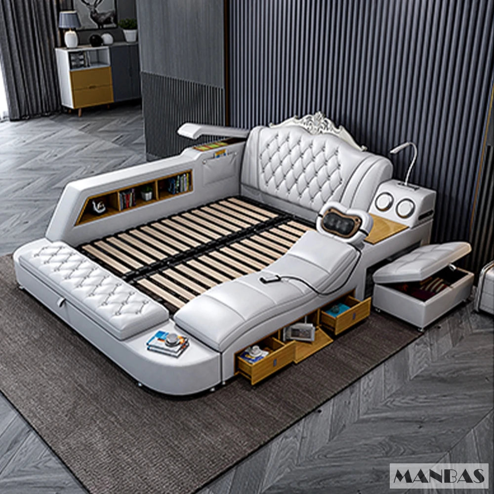 MANBAS Ultimate Bed Frame Tech Smart Multifunctional Bed with Genuine Leather, Massage, USB, Bluetooth Speaker, Tatami & Safe