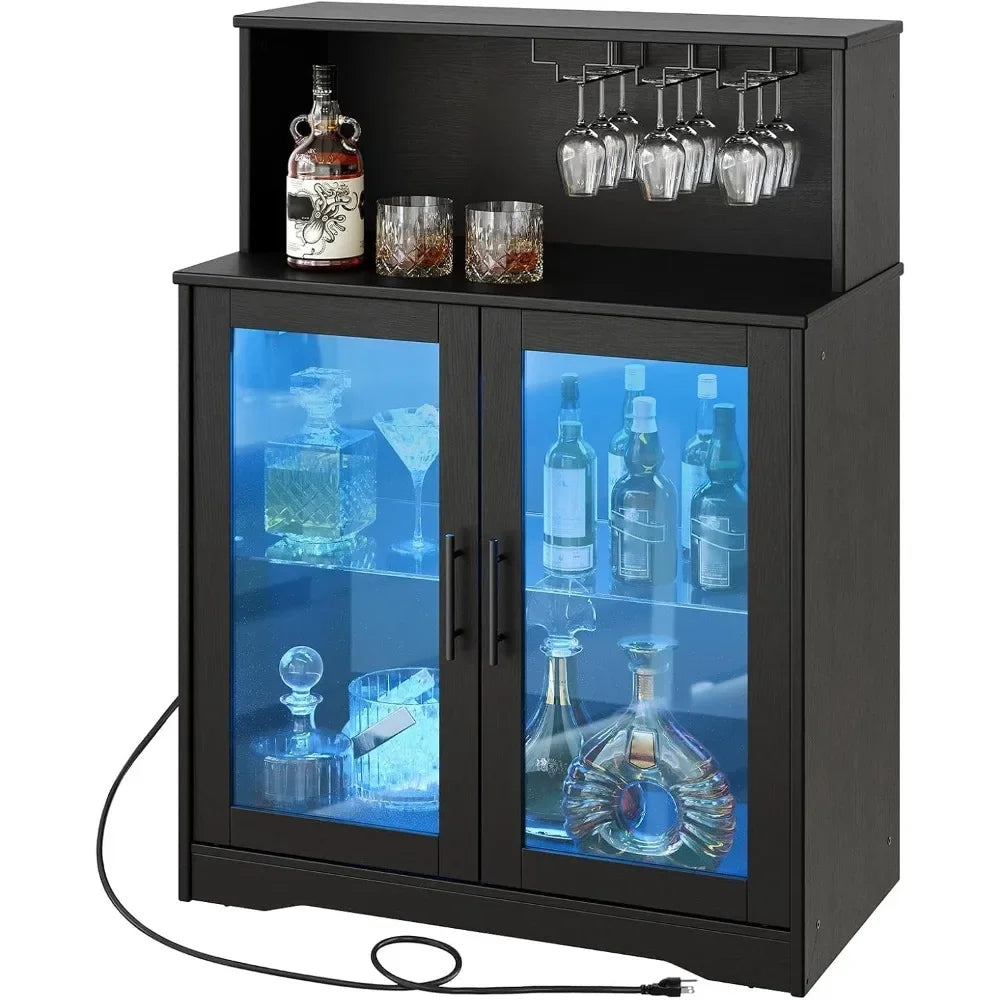 Wine Bar Cabinet with Storage, LED Liquor Cabinet with Power Outlets, Coffee Bar Cabinet for Liquor and Glasses