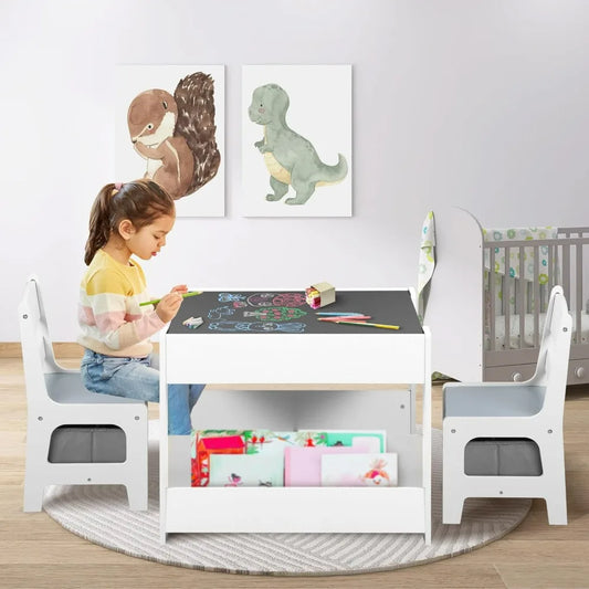 Kids Wood Table & 2 Chairs Set, 4 in 1 Children Activity Table w/Double Bookcase, Blackboard, Toddler Furniture Set for Art,