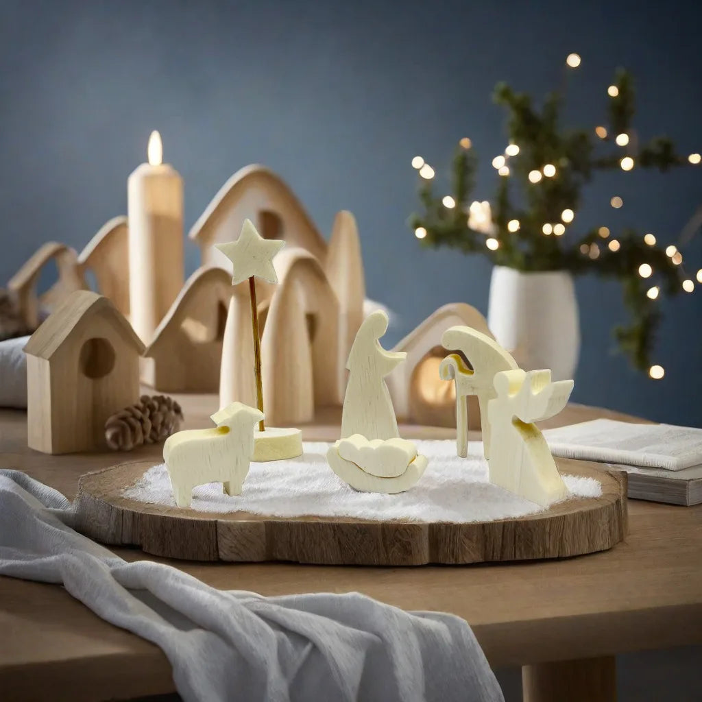 Wooden Nativity Set - Modern Christmas Scene Decoration - Set of 11 Natural Wood Figurines