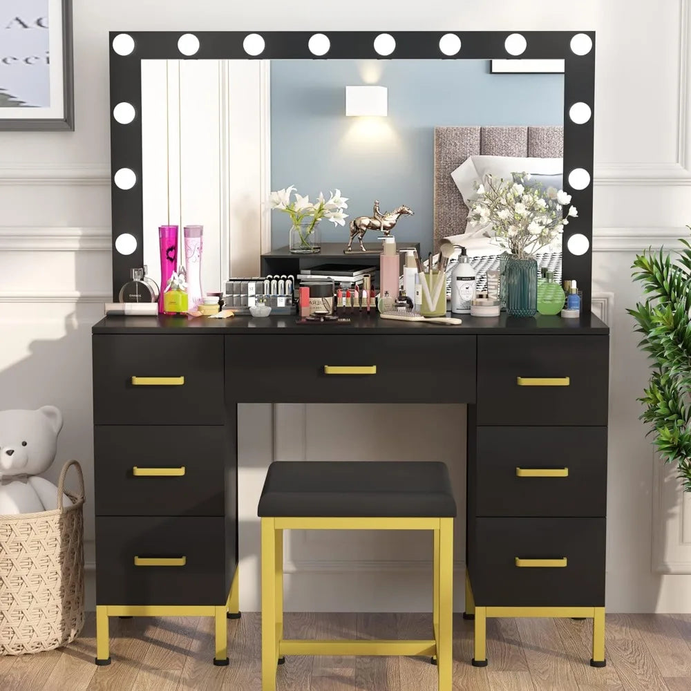 Vanity Makeup Desk - 43.3'' Vanity with Mirror with Lights, 14PCS LED Bulbs, 7 Drawers & Cushioned Stool, Black Vanity