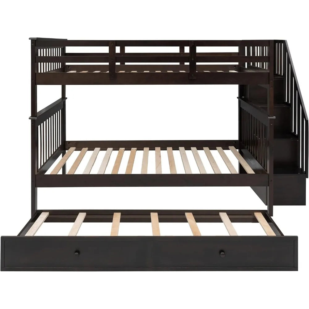 Bunk Bed ,with Stairs and Trundle,with Storage, for Kids Teens Adults ,Wooden Bunk Bed Frame