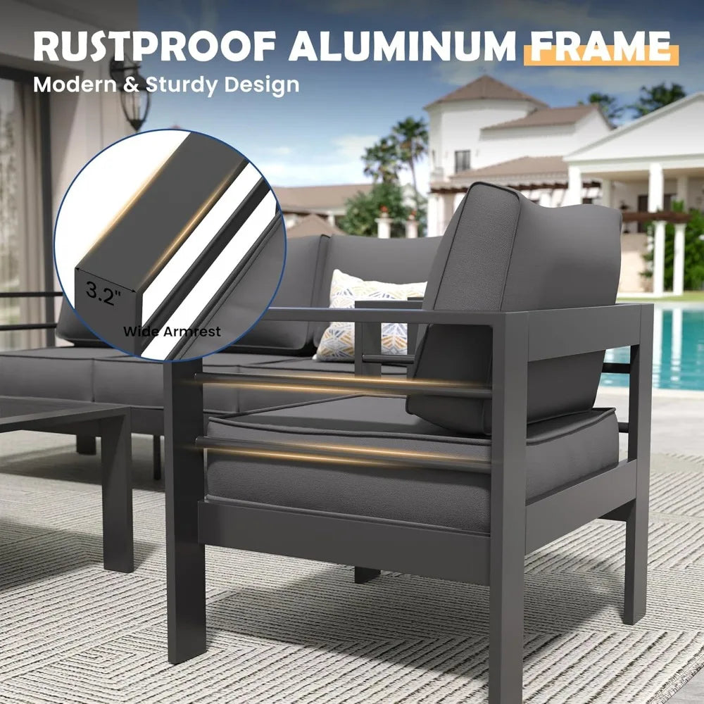 Aluminum Patio Furniture Set, Outdoor Sectional Metal Sofa with Coffee Table , 6 Pieces Modern Patio Conversation Sets