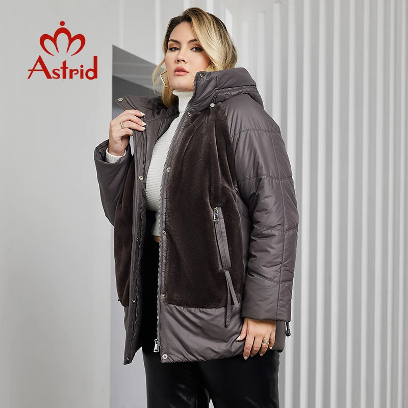 Astrid Plus Size Winter Jacket Women Faux Fur Stitching High Quality Wool Warm Fashion Women's Parka Female Plush Coat Hooded