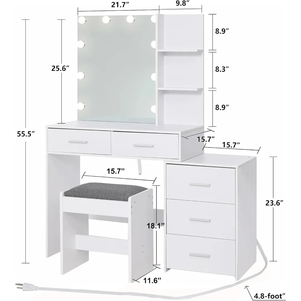 Vanity Desk with Mirror & 10 LED Lights, with Power Strip, Storage Shelves & 5 Drawers, Vanity Table Set with Cushioned Stool