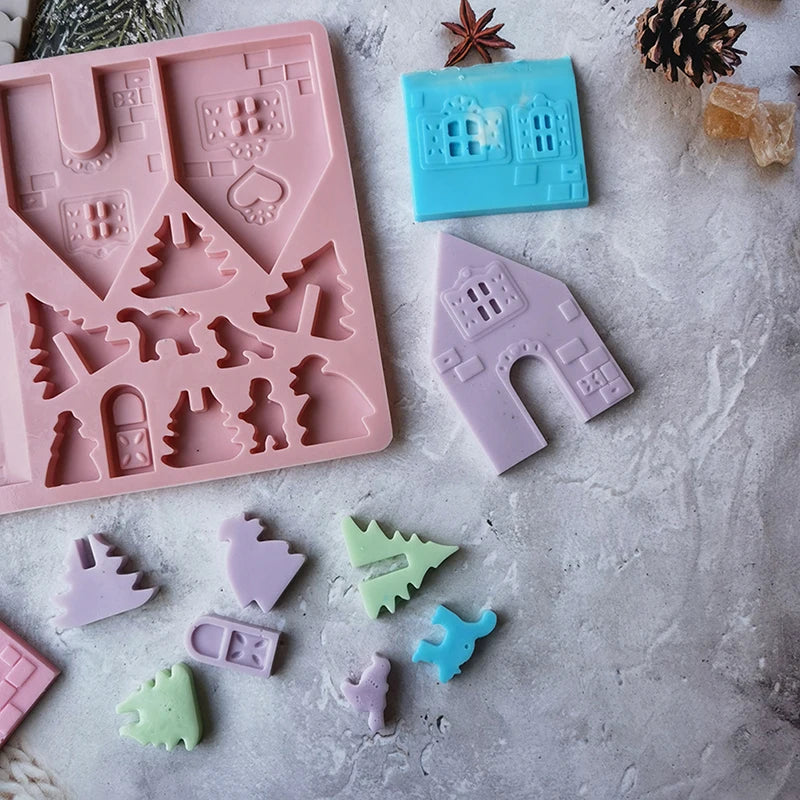 1Pc Building block Christmas House Chocolate Mold Silicone Mould Gingerbread House Cookie Mold Cake Fudge Christmas Decoration