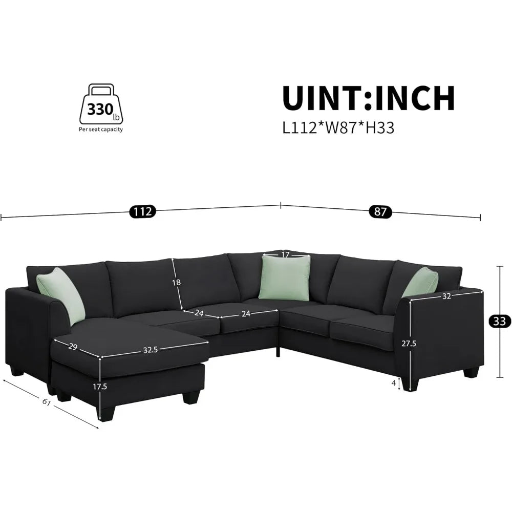 Modern 7 Seats Modular Sectional Sofa with Ottoman, L Shape Polyester Sofa Corner Couch Set with 3 Pillows for Living Room