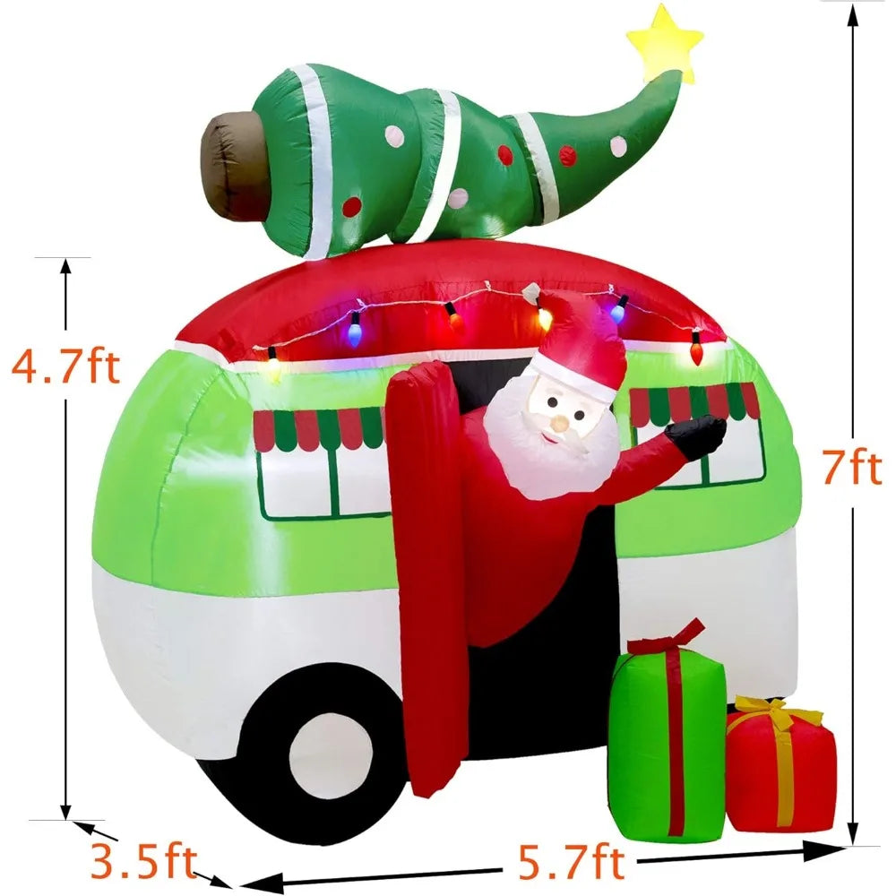 7 ft Christmas Inflatable Santa Claus Driving a Car with Christmas Tree and Gift Boxes, Blow Up Lighted Yard Decoration