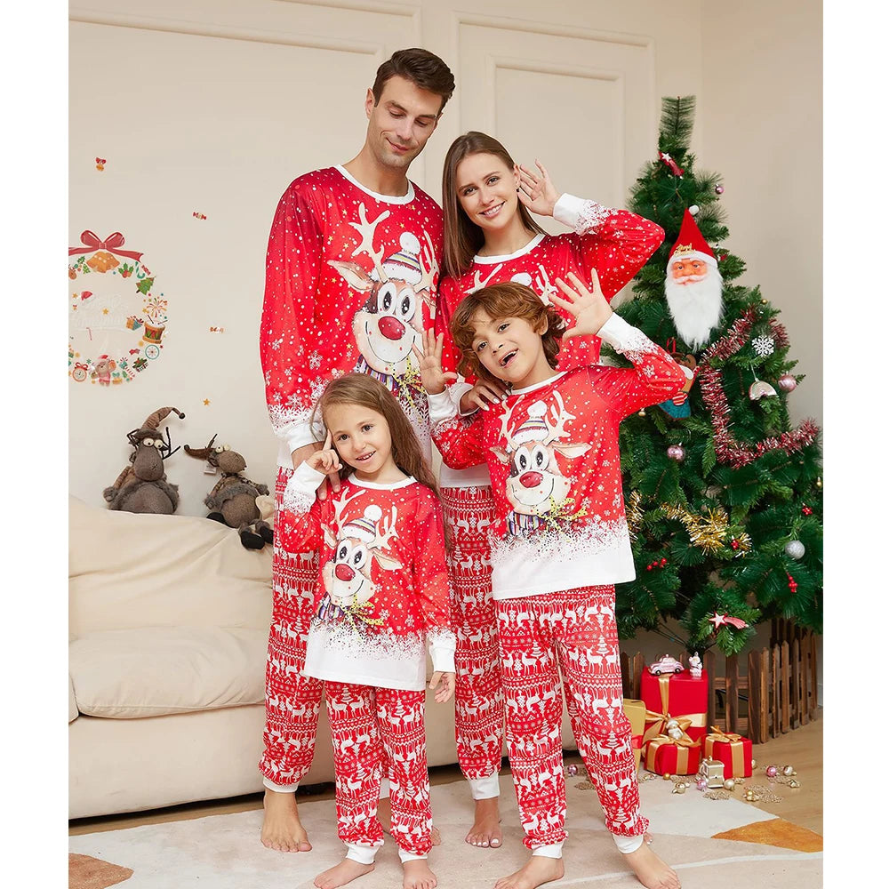 Christmas Family Matching Pajamas Set Father Mother Kids Red Cartoon Elk Print Sleepwear Adult Boys Girls Homewear Baby Rompers