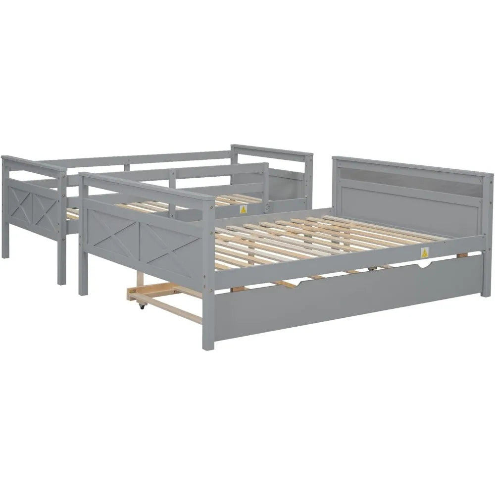 Trundle Bunk Bed, Twin Over Full Wood Bunk Bed with Twin Size Trundle, Solid Wood Bunk Bed Frame with Guardrail and Ladder