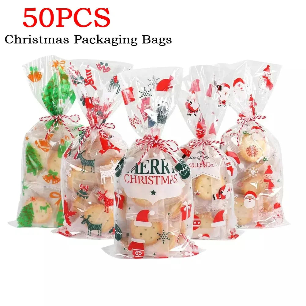 50pcs Santa Claus Christmas Tree Elk PVC Bags Transparent Clear Gift Bag for Christmas Gift Baking Candy Cookie Packaging Bags