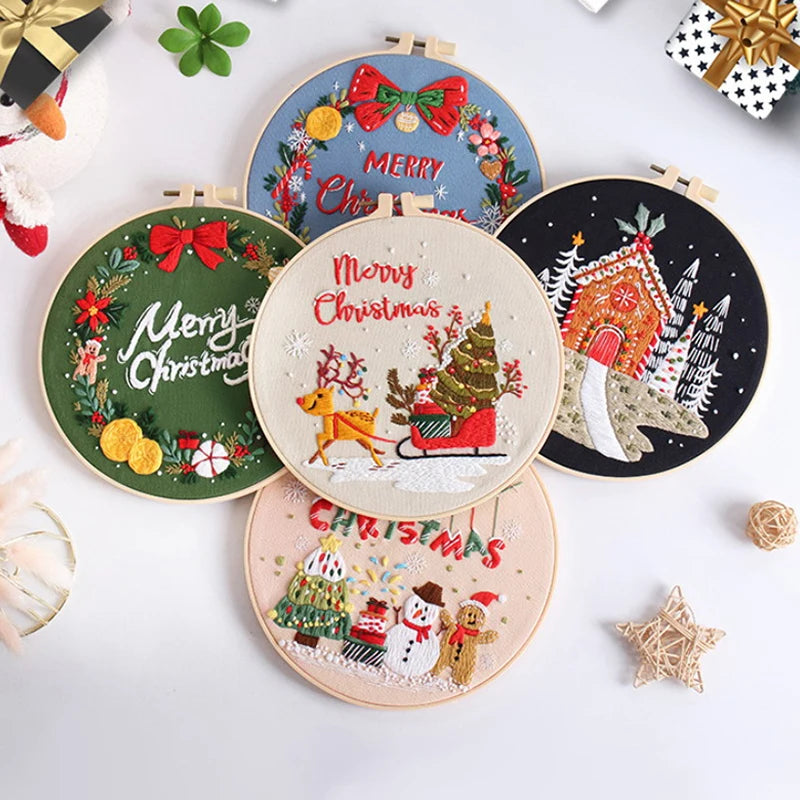 Embroidery Kit For Christmas DIY Wreath Printed Pattern Flower Cross Stitch Set Needlework Hoop Handmade Sewing Art Craft Kit