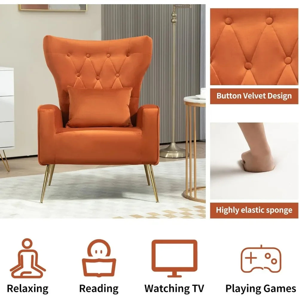 Button-Tufted Living Room Chairs Set of 2, WingBack Velvet Accent Chair Armchair with Lumbar Pillow, Orange, Living Room Chairs