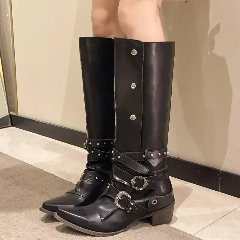 Women Metal Doctor Thick Heeled Black Boots  Autumn Pointed Toe Pu Leather Mid Calf Boots Woman Motorcycle Boots Big Size 43