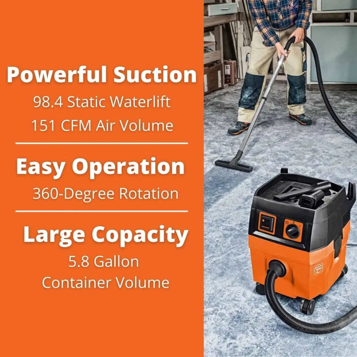 Vacuum Cleaner with Dust Extractor - 5.8 Gallon, 151 CFM Suction Capacity, 98 PSI Static Water Lift - 92035236090