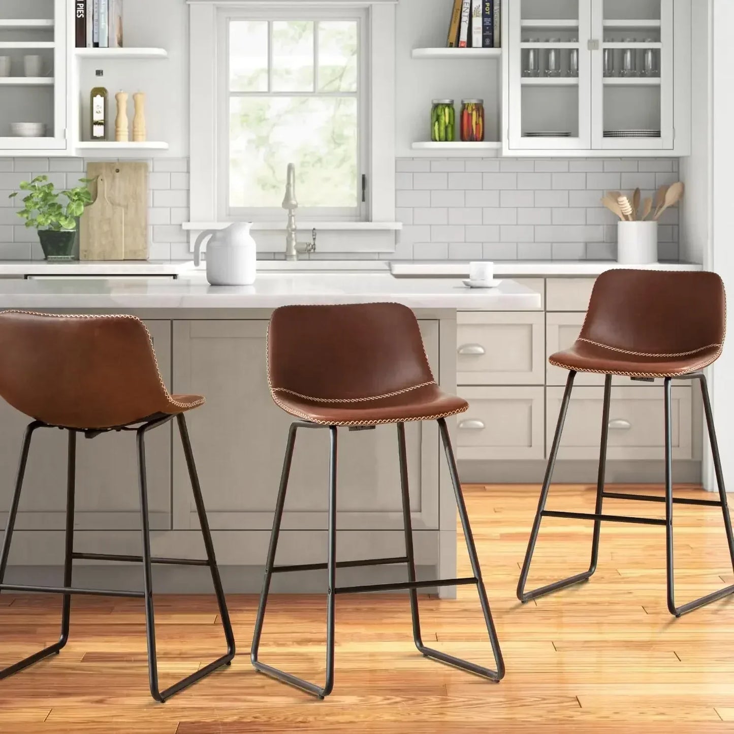 Bar Stools Set of 3, 26 Inch Barstools with Metal Legs Faux Leather Counter Height Bar Stools,Modern Bar Chairs