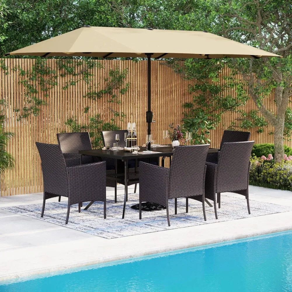 8 Pieces Patio Dining Furniture Set,Large Metal Table and 6 PE Rattan Sofa Dinings Chairs, Outdoor Table and Chairs Dining Sets