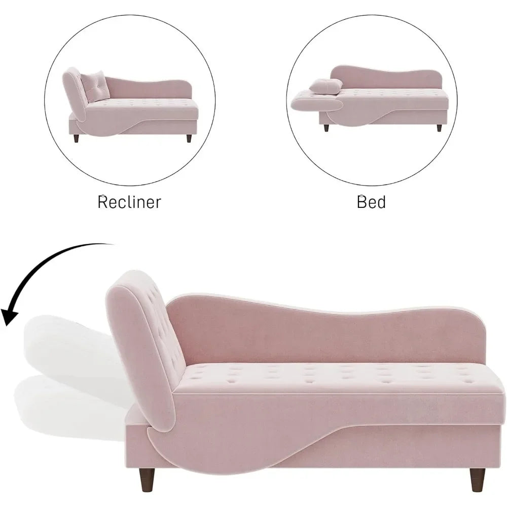 Upholstered Velvet Chaise Lounge, Adjustable Sofa Recliner Lounge Chair , Button Tufted Lounge Chaise with Storage and 1 Pillow