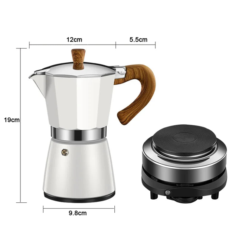 DMWD Vintage Wooden Handle Espresso Maker Moka Pot 300ml With Electric Furnace Classic Italian Cafe Tools Mocha Coffee Maker