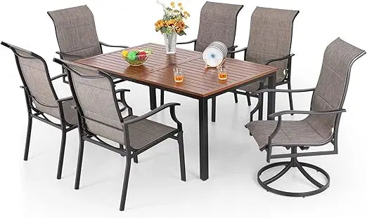 7 Piece Patio Dining Set,6 Padded High Back Patio Dinings Chairs & Brown Metal Slat Table Top,Outdoor Dining Set for Garden Yard