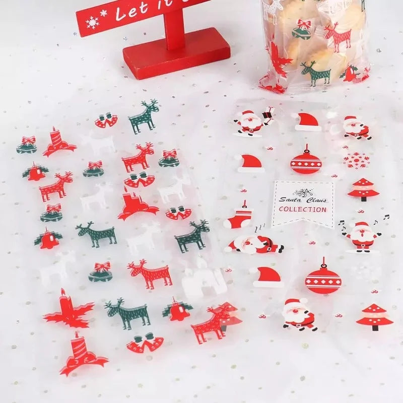 50pcs Santa Claus Christmas Tree Elk PVC Bags Transparent Clear Gift Bag for Christmas Gift Baking Candy Cookie Packaging Bags