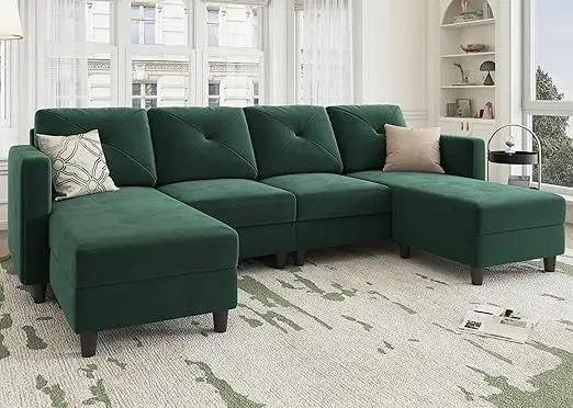 Velvet Sectional Sofa, with Chaise U Shaped Sectional Couch 4 Seat Sofa for Living Room, Living Room Sofas