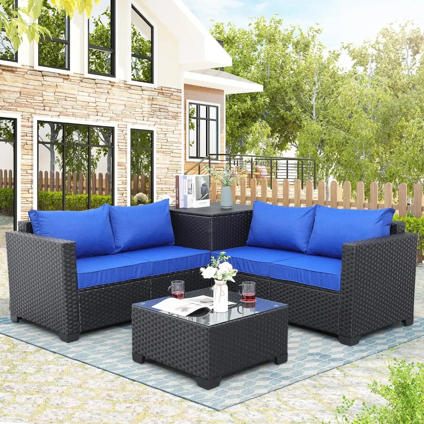 Patio Furniture, Set 4 Piece Black Rattan Sectional Sofa Conversation Couch Sets, Outdoor PE Wicker Patio Furniture Set 4 Piece