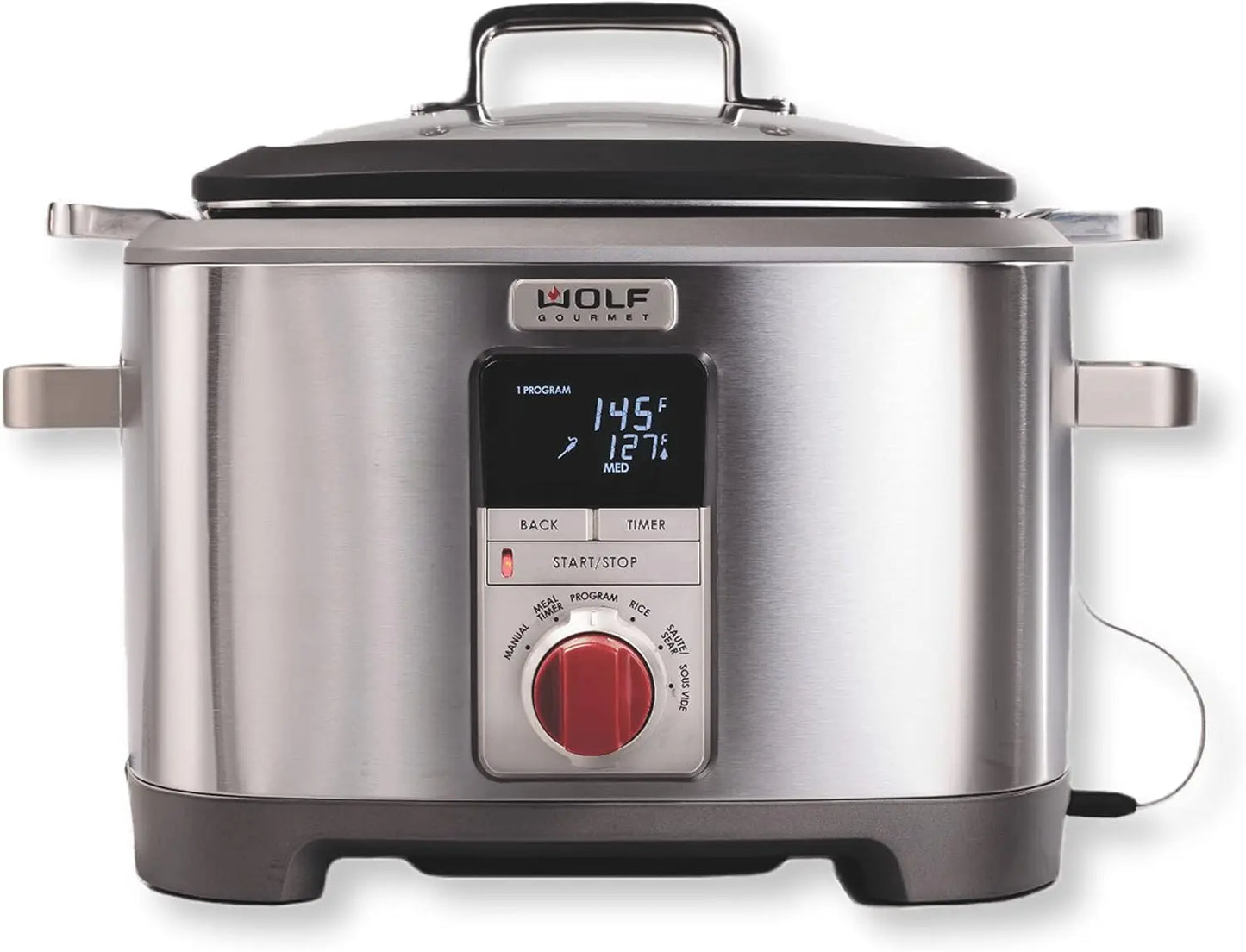 Programmable 6-in-1 Multi Cooker with Temperature Probe Slow Cook, Rice, Sauté, Sear, Sous Vide, Stainless Steel, Red Knob