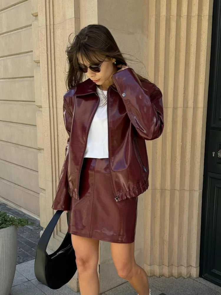 Chic Women Wine Red Leather Jacket Mini Skirt Suits Elegant Lapel Zipper Outwears Hip Wrapped Skirts 2 Piece Set Lady Outfits