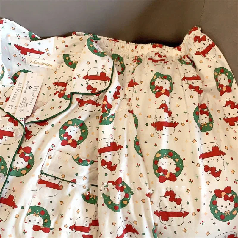 2024 New Cute Hello Kitty Christmas Pajamas Kawaii Sanrio Cartoon Student Dormitory Long Sleeved Pants Cotton Home Wear Gifts