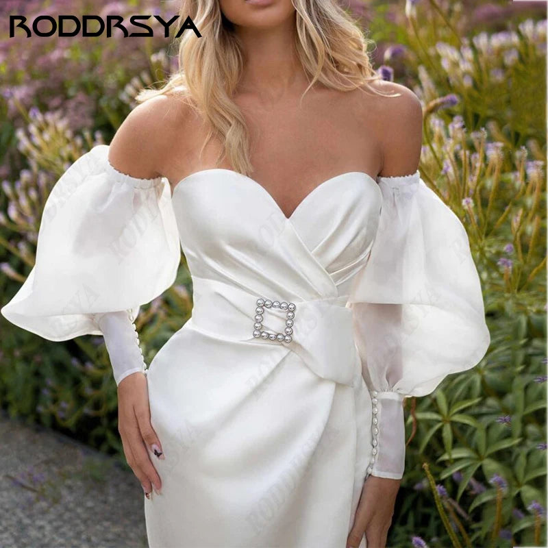 RODDRSYA Elegant Lantern Sleeve Wedding Dresses For Women Simple Satin Belt Bridal Party Sexy Strapless Backless Bride Gowns