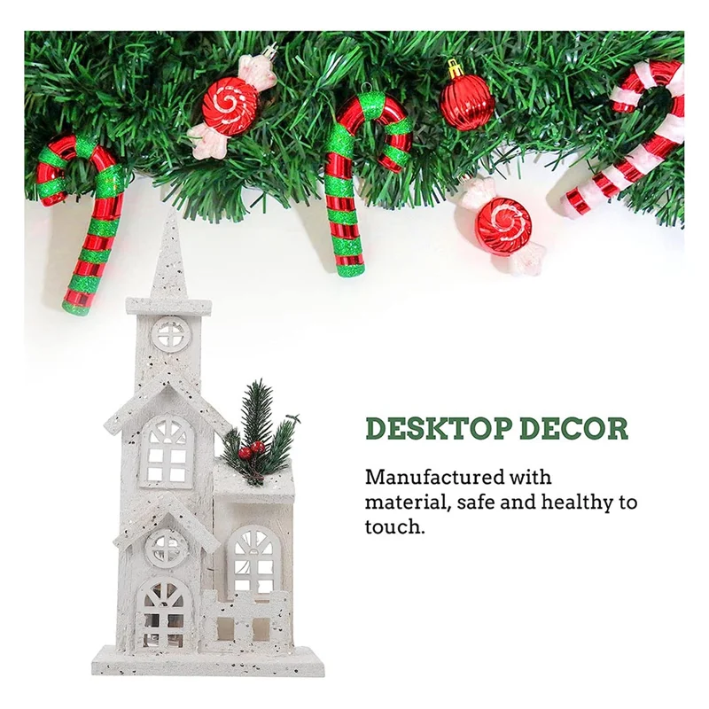 Christmas Wood Village Christmas LED Church Light House Snow Scene Xmas Decorations for Christmas Desktop Ornament