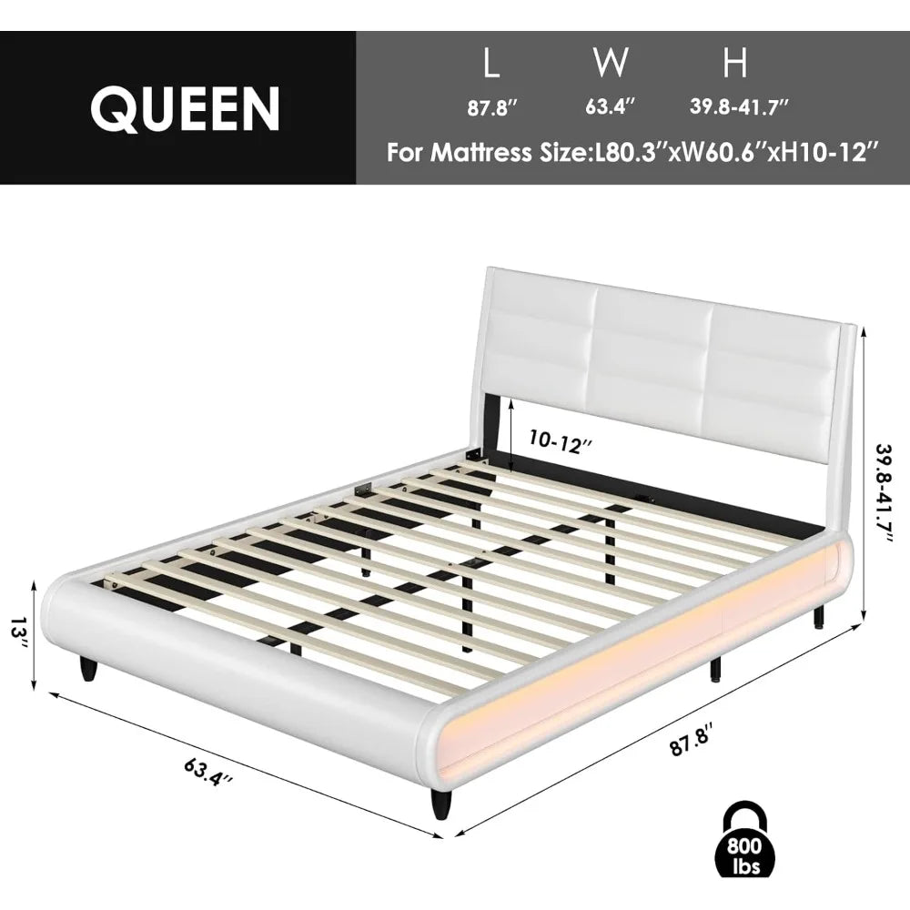 Upholstered Bed Frame with Smart LED, PU Low Profile Platform Bed with Adjustable Headboard, Mattress Foundation with Wood Slats