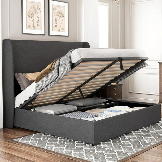 Storage Bed Queen Size Linen Upholstered Platform Bed Frame/Hydraulic Storage/Modern Wingback Headboard/No Box Spring Needed