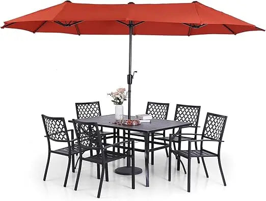 8 Piece Metal Outdoor Table Furniture Sets, with 6 Stackable Chairs, 1 Rectangle Dining Table,Outdoor Dining Table Sets