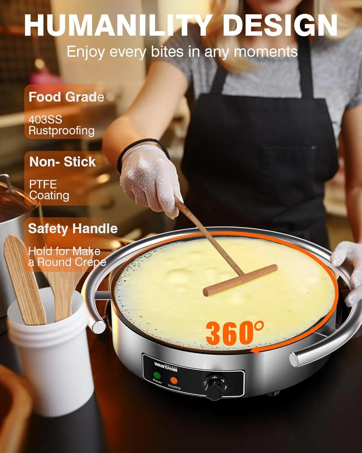 Electric Crepe Maker 16 Inch 110V Non-Stick 1700W Electric Crepe Machine Adjustable Temperature Control 403 Stainless Steel