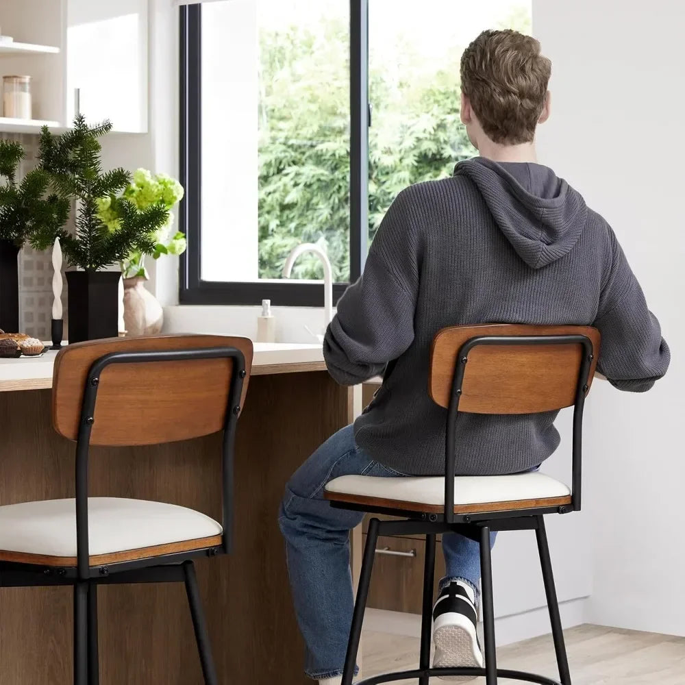 Swivel Counter Height Bar Stools with Back, Fabric Upholstered Barstools 27" Seat Height, Metal & Wood Frame Set of 2